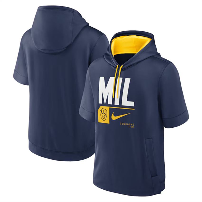 Men's Navy Milwaukee Brewers Tri Code Lockup Short Sleeve Pullover Hoodie